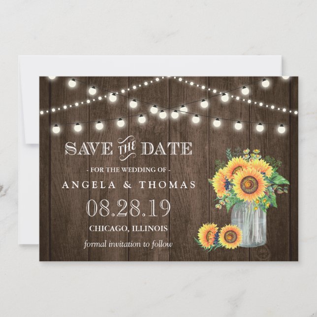 Rustic Wood String Lights Sunflowers Save the Date (Front)