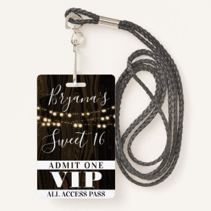 Rustic Wood String Lights Sweet 16 VIP Pass ID Badge