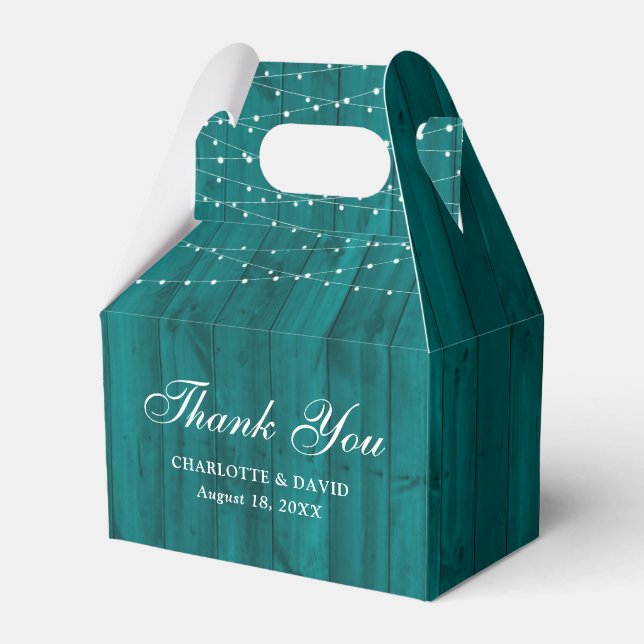 Rustic Wood String Lights Teal Wedding Thank You Favour Box (Front Side)