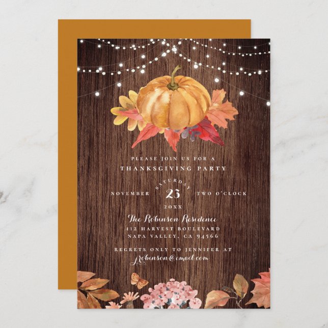 Rustic Wood & String Lights Thanksgiving Party Invitation (Front/Back)