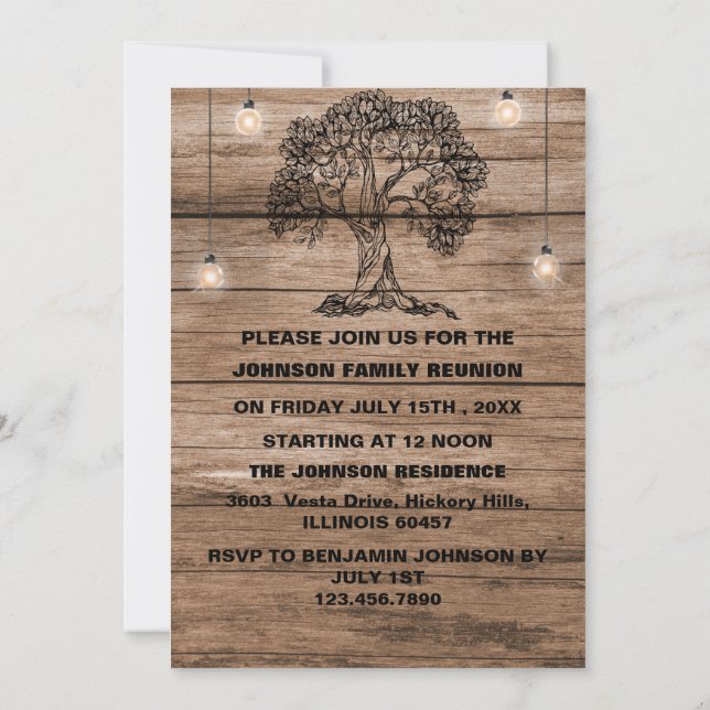 Rustic Wood String Lights & Tree Family Reunion  I Invitation (Back)