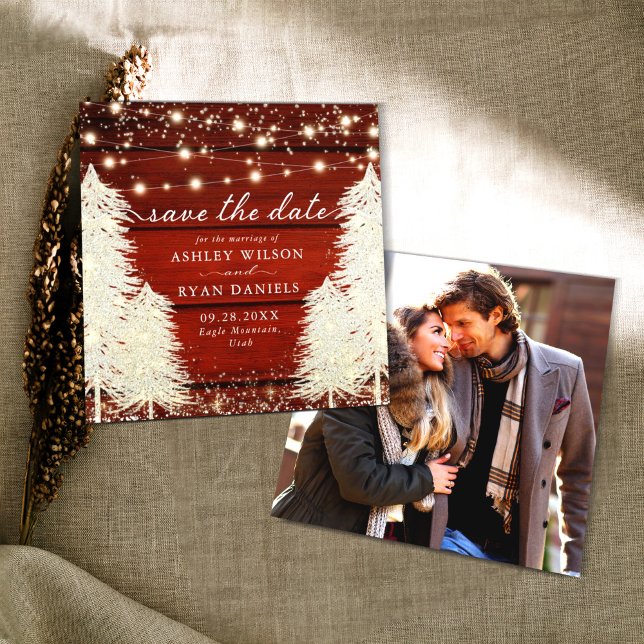 Rustic Wood | String Lights | Trees Photo Save The Date (Creator Uploaded)