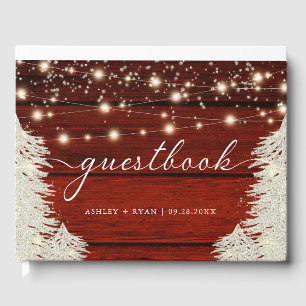 Rustic Wood String Lights Trees Wedding Guestbook