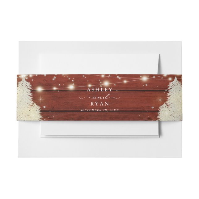 Rustic Wood | String Lights | Trees Wedding  Invitation Belly Band (Front Example)