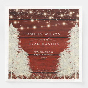 Rustic Wood String Lights Trees Wedding Napkin