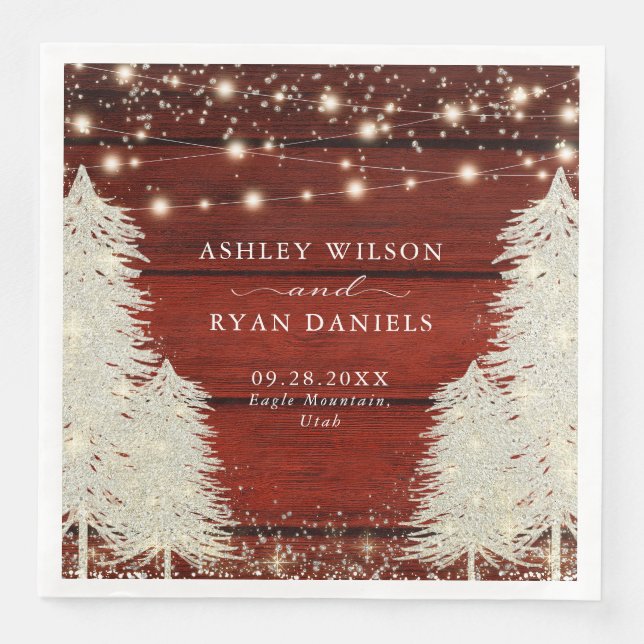 Rustic Wood | String Lights | Trees Wedding Napkin (Front)