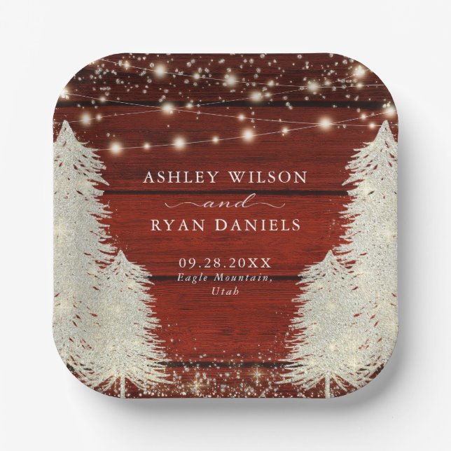 Rustic Wood | String Lights | Trees Wedding Paper Plate (Front)