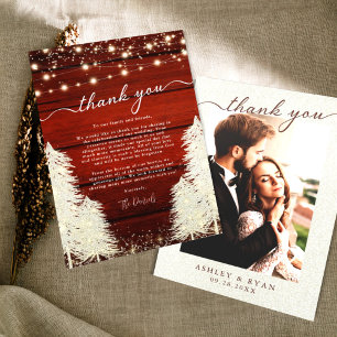 Rustic Wood String Lights Trees Wedding Photo Thank You Card
