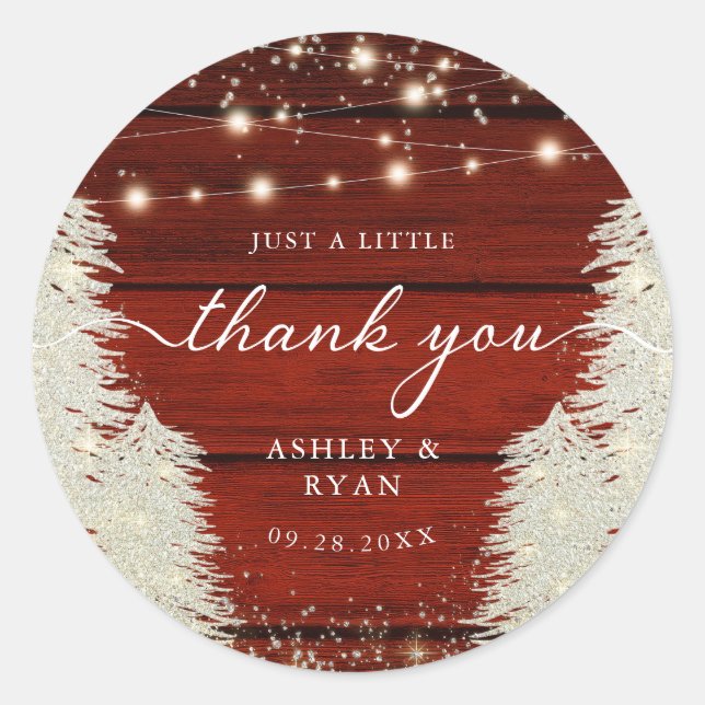 Rustic Wood String Lights Trees Wedding Thank You Classic Round Sticker (Front)