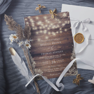 Rustic Wood String Lights Vintage QR Code Wedding Invitation