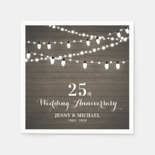 Rustic Wood & String Lights Wedding Anniversary Napkin