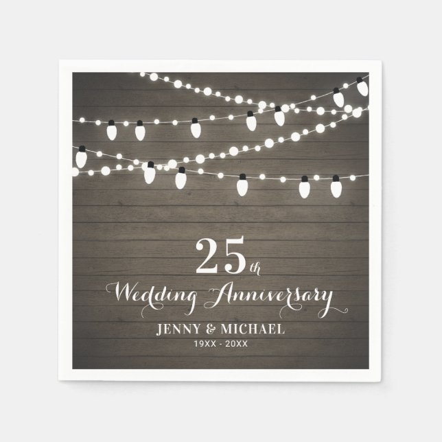 Rustic Wood & String Lights Wedding Anniversary Napkin (Front)