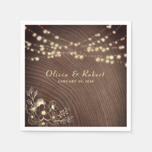 Rustic Wood String Lights Wedding Napkin