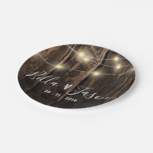 Rustic Wood String Lights Wedding Paper Plate