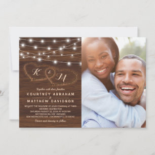 Rustic Wood String Lights Wedding Photo Invitation