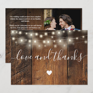 Rustic Wood String Lights Wedding Photo Thank You Card