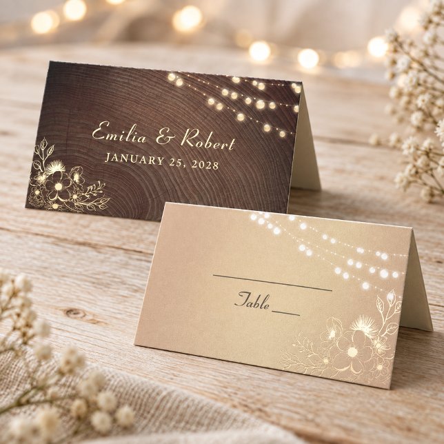 Rustic Wood String Lights Wedding Place Card (Creator Uploaded)