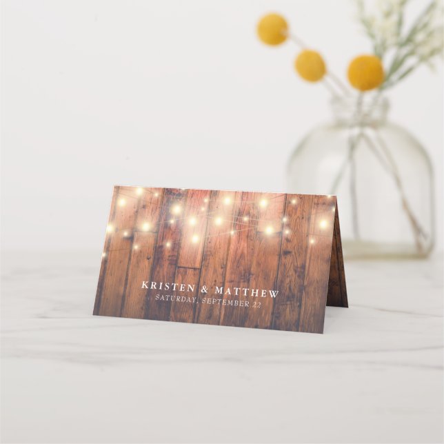 Rustic Wood String Lights Wedding Place Card (Back)