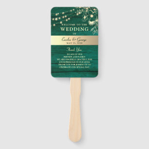 Rustic Wood String Lights Wedding Program Hand Fan