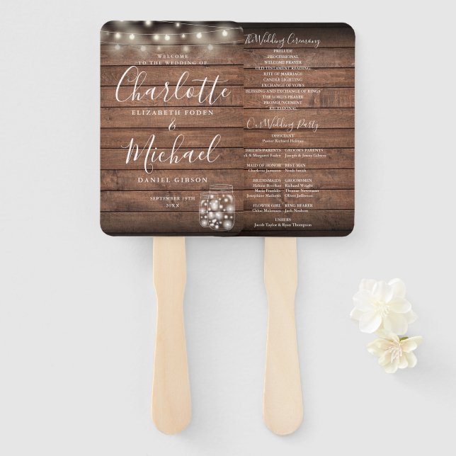 Rustic Wood String Lights Wedding Program Hand Fan (Front and Back)