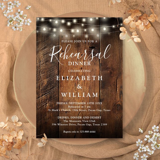Rustic Wood String Lights Wedding Rehearsal Dinner Invitation (Rustic Wood String Lights Wedding Rehearsal Dinner Invitation)