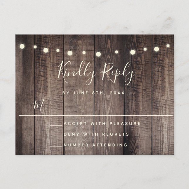 Rustic Wood String Lights Wedding RSVP Postcard (Front)