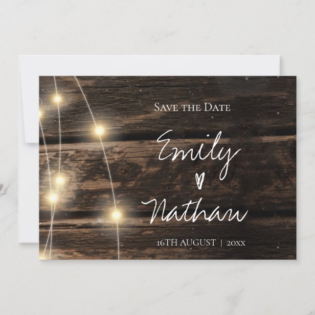 Rustic Wood String Lights Wedding Save the Date (Front)