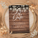 Rustic Wood String Lights Wedding Save the Date<br><div class="desc">This rustic save the date card features string lights and an elegant script save the date above your details set in elegant typography on a rustic wood panels background. Designed by Thisisnotme©</div>