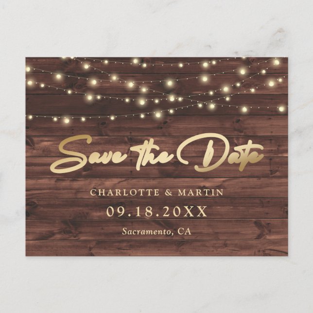 Rustic Wood String Lights Wedding Save The Date Announcement Postcard (Front)
