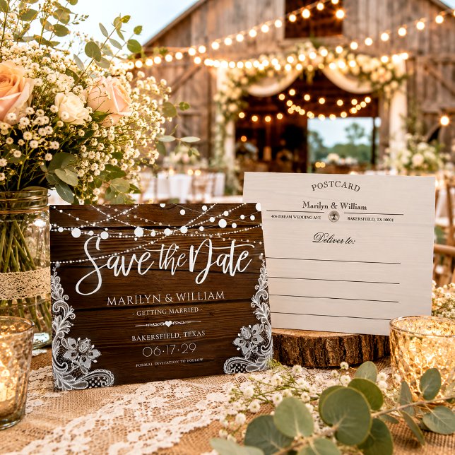 Rustic Wood String Lights Wedding Save The Date Announcement Postcard (Creator Uploaded)