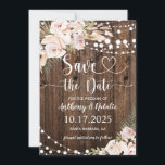 Rustic Wood String Lights Wedding Save the Date Invitation<br><div class="desc">A design with a romantic "Save the Date" message,  boho floral,  string lights garlands and a wooden background will set the tone for your rustic wedding!
Easily personalise the design with your own wording
Part of a collection. Matching items are available.</div>