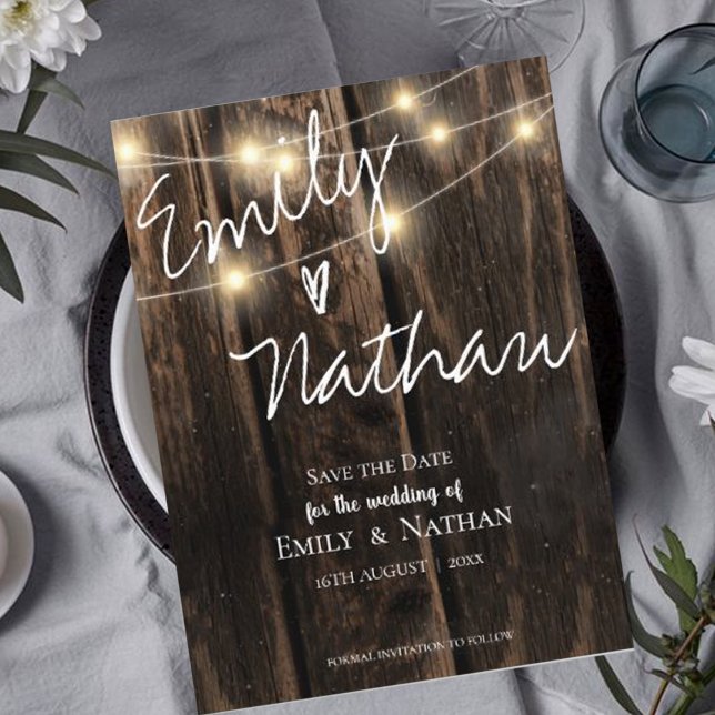 Rustic Wood String Lights Wedding  Save The Date Invitation Postcard (Creator Uploaded)