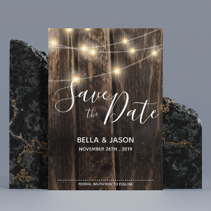 Rustic Wood String Lights Wedding Save The Date Magnetic Invitation
