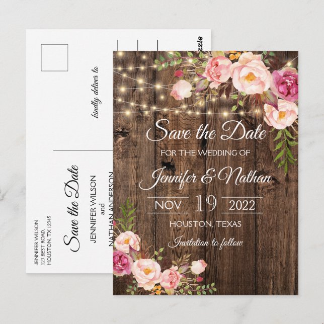 Rustic Wood String Lights Wedding Save the Date Postcard (Front/Back)