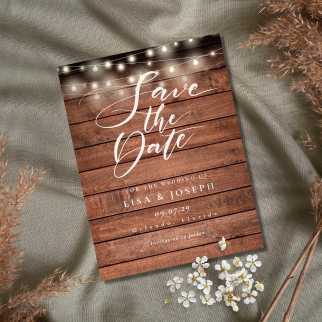 Rustic Wood String Lights Wedding Save the Date Postcard (Creator Uploaded)