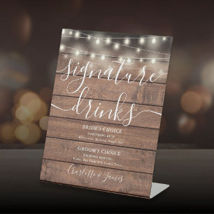 Rustic Wood String Lights Wedding Signature Drinks Pedestal Sign