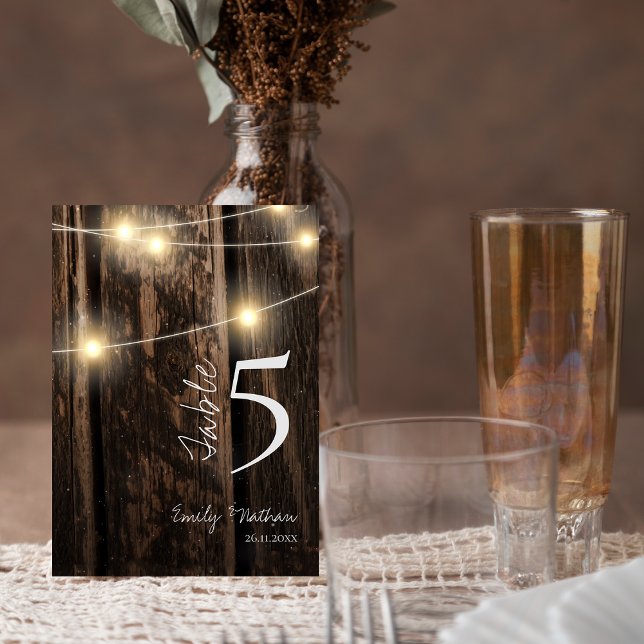 Rustic Wood & String Lights Wedding Table Number (Country Rustic Wood Lights WEDDING Table Number)