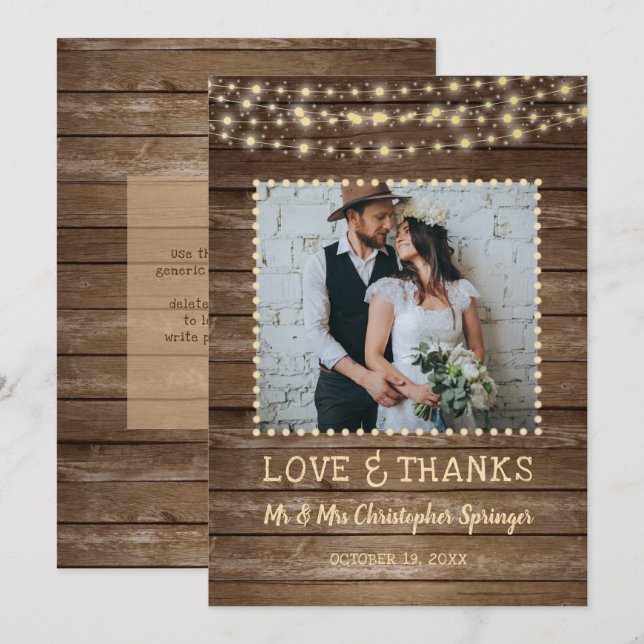 Rustic Wood String Lights Wedding Thank You Card (Front/Back)