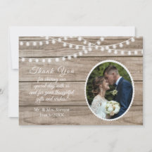 Rustic wood, string lights wedding thank you card