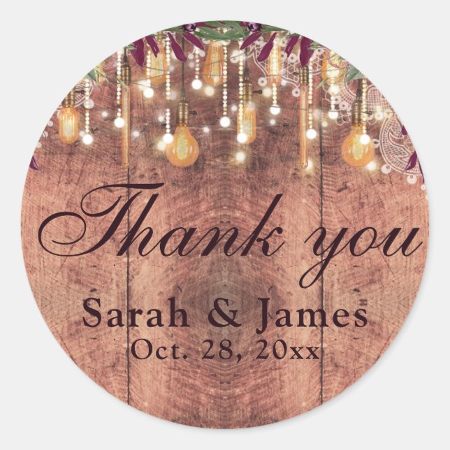 Rustic Wood & String Lights Wedding thank you Classic Round Sticker (Front)