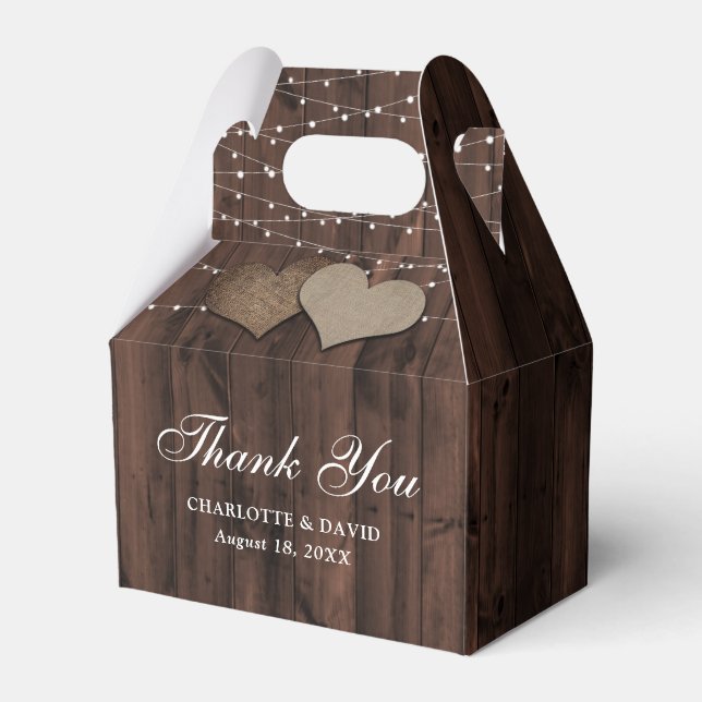 Rustic Wood String Lights Wedding Thank You Favour Box (Front Side)