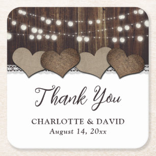 Rustic  Wood String Lights Wedding Thank You Square Paper Coaster