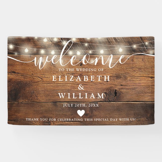 Rustic Wood String Lights Wedding Welcome Banner (Horizontal)