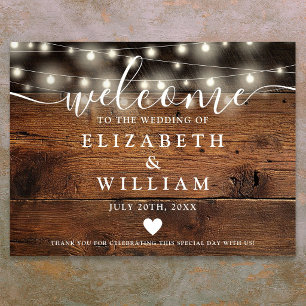 Rustic Wood String Lights Wedding Welcome Sign