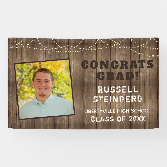 Rustic Wood & String Lights with Photo Graduation Banner (Horizontal)