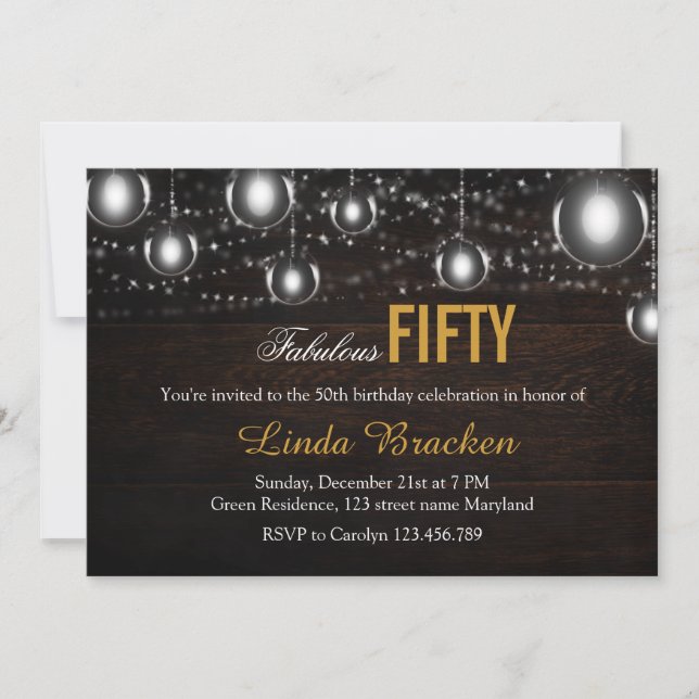Rustic Wood String of Lights Fabulous Fifty Invite (Front)