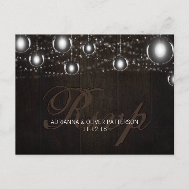 Rustic Wood String Of Lights Wedding RSVP Invitation Postcard (Front)