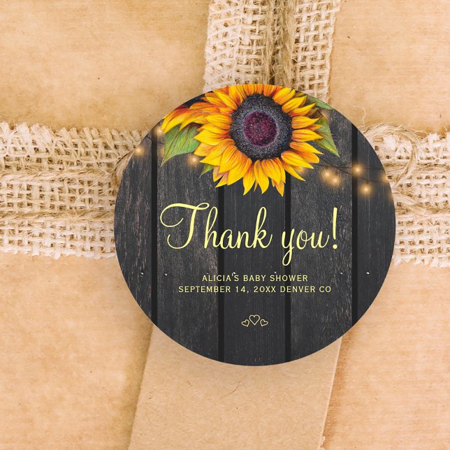 Rustic wood sunflower baby shower thank you classic round sticker (Creator Uploaded)