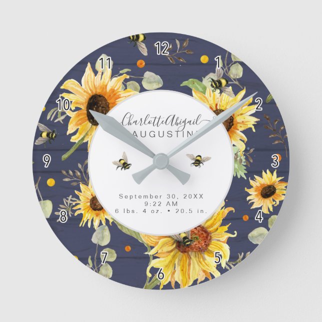 Rustic Wood Sunflower Bee Yellow Baby Birth Stats Round Clock (Front)