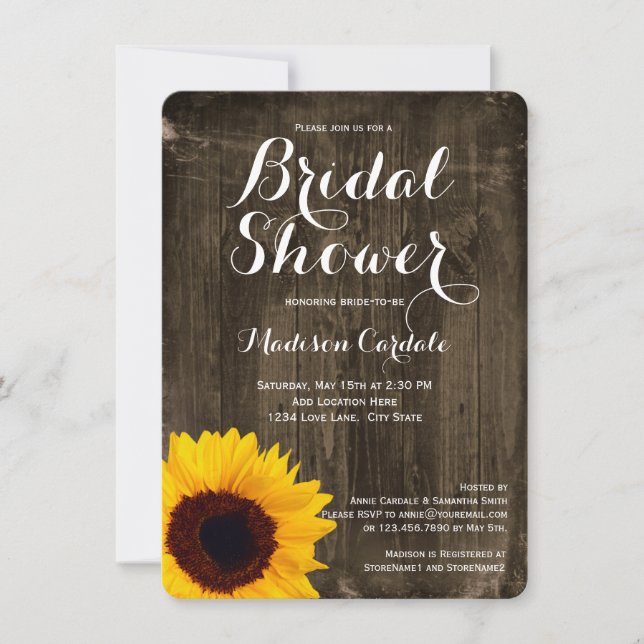 Rustic Wood Sunflower Bridal Shower Invitations (Front)